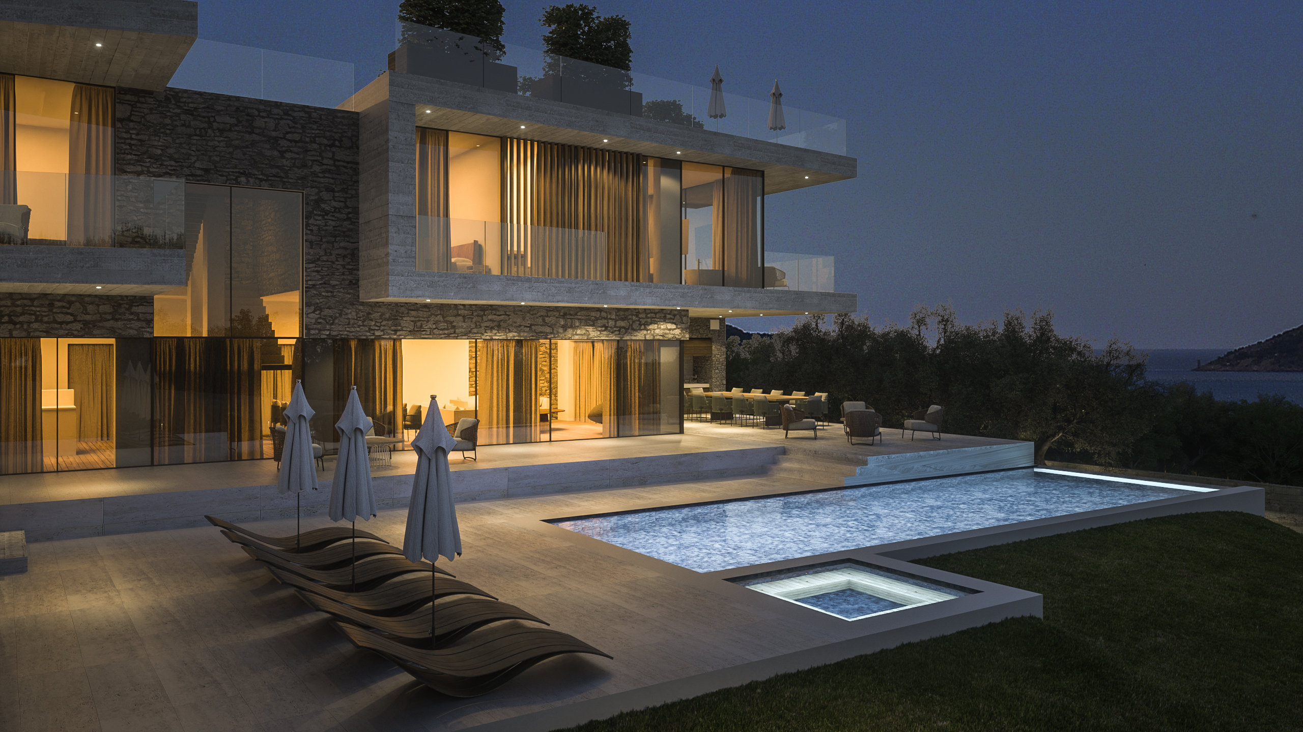 Modern open-plan living room with floor-to-ceiling windows and sea panorama