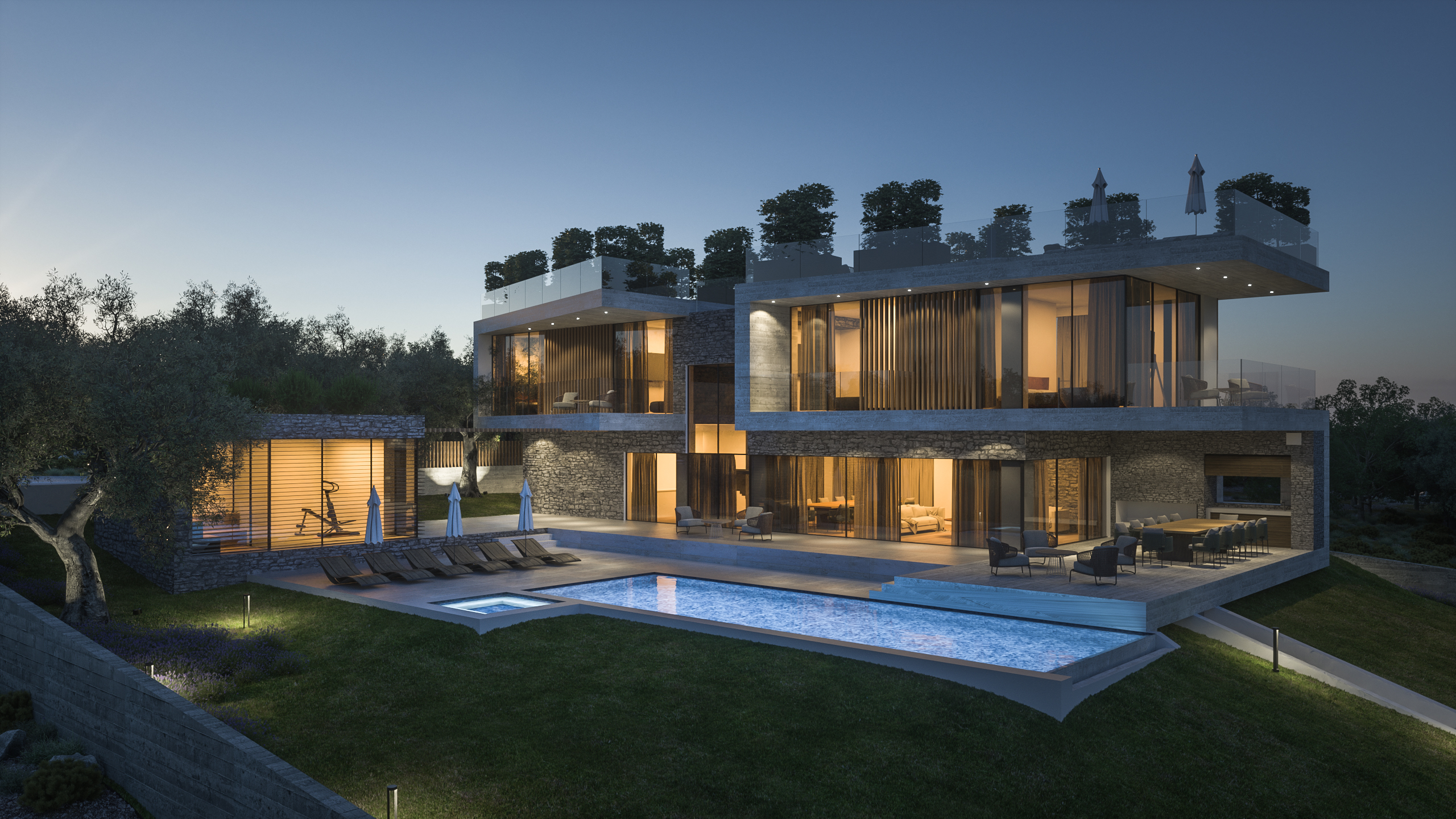 Glass-enclosed wine cellar with dining area for ten guests