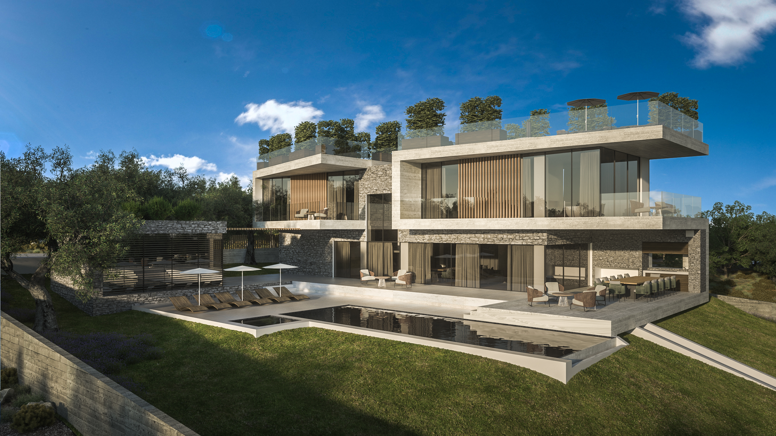Villa Francesca daytime exterior view overlooking the Adriatic coast in Labin, Istria